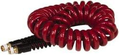 PRO-SOURCE - 1/4" ID, 1/4 Thread, 15' Long, Red Polyurethane Coiled & Self Storing Hose - 220 Max psi, Male Swivel x Male Swivel - Makers Industrial Supply