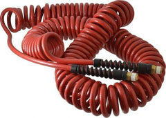 PRO-SOURCE - 1/4" ID, 1/4 Thread, 50' Long, Red Polyurethane Coiled & Self Storing Hose - 220 Max psi, Male Swivel x Male Swivel - Makers Industrial Supply