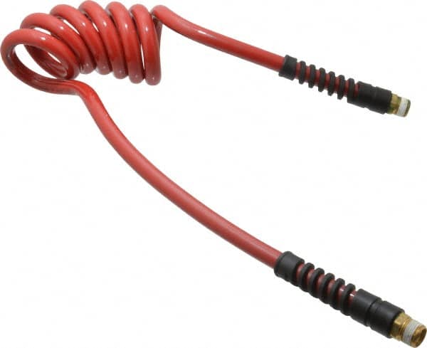 PRO-SOURCE - 3/8" ID, 3/8 Thread, 5' Long, Red Polyurethane Coiled & Self Storing Hose - 200 Max psi, Male Swivel x Male Swivel - Makers Industrial Supply