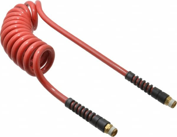 PRO-SOURCE - 3/8" ID, 3/8 Thread, 10' Long, Red Polyurethane Coiled & Self Storing Hose - 200 Max psi, Male Swivel x Male Swivel - Makers Industrial Supply