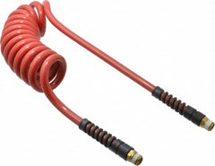 PRO-SOURCE - 3/8" ID, 3/8 Thread, 10' Long, Red Polyurethane Coiled & Self Storing Hose - 200 Max psi, Male Swivel x Male Swivel - Makers Industrial Supply