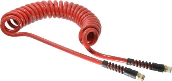 PRO-SOURCE - 3/8" ID, 3/8 Thread, 15' Long, Red Polyurethane Coiled & Self Storing Hose - 200 Max psi, Male Swivel x Male Swivel - Makers Industrial Supply