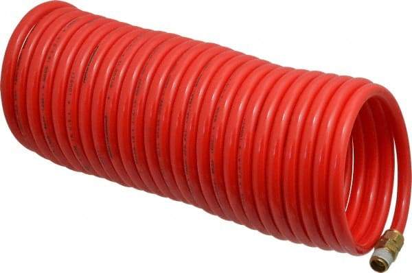 PRO-SOURCE - 1/4" ID, 1/4 Thread, 25' Long, Red Nylon Coiled & Self Storing Hose - 350 Max psi, Male Swivel x Male Swivel - Makers Industrial Supply