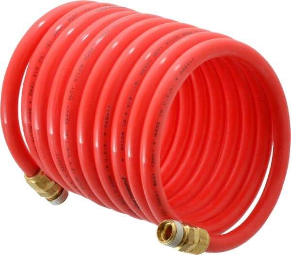 PRO-SOURCE - 3/8" ID, 3/8 Thread, 12' Long, Red Nylon Coiled & Self Storing Hose - 310 Max psi, Male Swivel x Male Swivel - Makers Industrial Supply