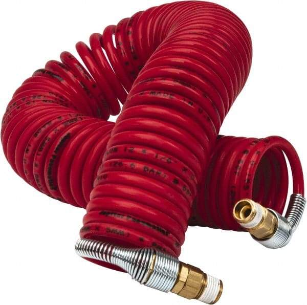 PRO-SOURCE - 1/8" ID, 1/8 Thread, 25' Long, Red Nylon Coiled & Self Storing Hose - 386 Max psi, Male Swivel x Male Swivel - Makers Industrial Supply