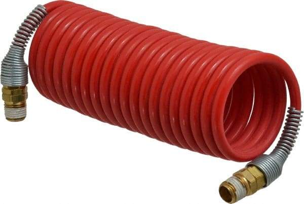 PRO-SOURCE - 3/16" ID, 1/4 Thread, 12' Long, Red Nylon Coiled & Self Storing Hose - 287 Max psi, Male Swivel x Male Swivel - Makers Industrial Supply