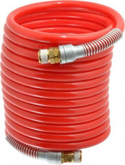 PRO-SOURCE - 3/8" ID, 3/8 Thread, 17' Long, Red Nylon Coiled & Self Storing Hose - 225 Max psi, Male Swivel x Male Swivel - Makers Industrial Supply