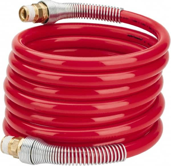 PRO-SOURCE - 1/2" ID, 1/2 Thread, 12' Long, Red Nylon Coiled & Self Storing Hose - 220 Max psi, Male Swivel x Male Swivel - Makers Industrial Supply