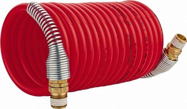 PRO-SOURCE - 1/4" ID, 1/4 Thread, 12' Long, Red Nylon Coiled & Self Storing Hose - 240 Max psi, Male Swivel x Male Swivel - Makers Industrial Supply