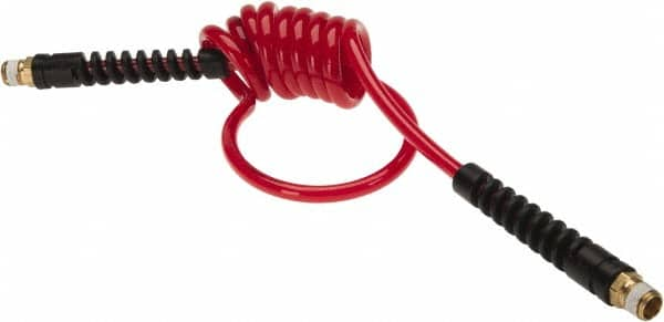 PRO-SOURCE - 3/16" ID, 1/4 Thread, 5' Long, Red Polyurethane Coiled & Self Storing Hose - 147 Max psi, Male Swivel x Male Swivel - Makers Industrial Supply