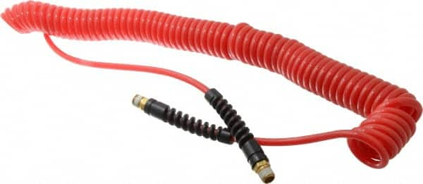 PRO-SOURCE - 3/16" ID, 1/4 Thread, 25' Long, Red Polyurethane Coiled & Self Storing Hose - 147 Max psi, Male Swivel x Male Swivel - Makers Industrial Supply