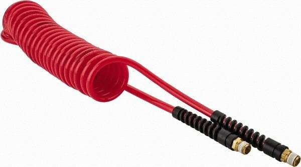 PRO-SOURCE - 1/4" ID, 1/4 Thread, 15' Long, Red Polyurethane Coiled & Self Storing Hose - 147 Max psi, Male Swivel x Male Swivel - Makers Industrial Supply