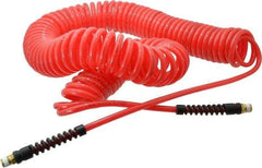 PRO-SOURCE - 1/4" ID, 1/4 Thread, 50' Long, Red Polyurethane Coiled & Self Storing Hose - 147 Max psi, Male Swivel x Male Swivel - Makers Industrial Supply