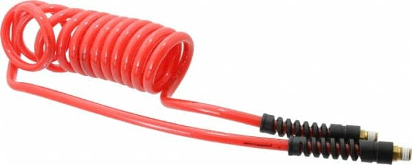 PRO-SOURCE - 5/16" ID, 1/4 Thread, 10' Long, Red Polyurethane Coiled & Self Storing Hose - 120 Max psi, Male Swivel x Male Swivel - Makers Industrial Supply