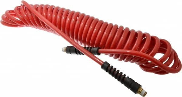 PRO-SOURCE - 5/16" ID, 1/4 Thread, 25' Long, Red Polyurethane Coiled & Self Storing Hose - 120 Max psi, Male Swivel x Male Swivel - Makers Industrial Supply