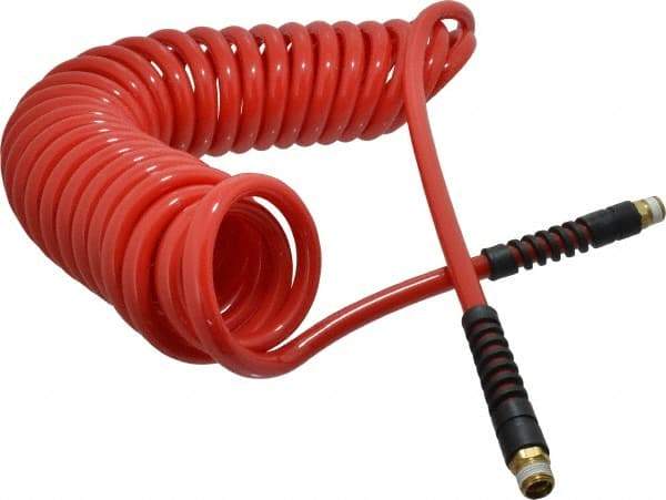 PRO-SOURCE - 3/8" ID, 3/8 Thread, 25' Long, Red Polyurethane Coiled & Self Storing Hose - 133 Max psi, Male Swivel x Male Swivel - Makers Industrial Supply