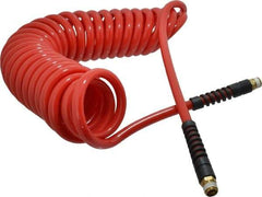 PRO-SOURCE - 3/8" ID, 3/8 Thread, 25' Long, Red Polyurethane Coiled & Self Storing Hose - 133 Max psi, Male Swivel x Male Swivel - Makers Industrial Supply