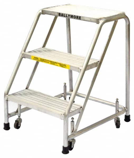 Ballymore - 28-1/2" 3 Step Ladder - Rolling Safety Ladder, 300 Lb Capacity, 28-1/2" Platform Height, 20" Base Width x 25" Base Depth, Solid Ribbed Tread - Makers Industrial Supply