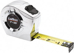 Lufkin - 25' x 1" Yellow Blade Tape Measure - 1/16" Graduation, Inch Graduation Style, Chrome Case - Makers Industrial Supply