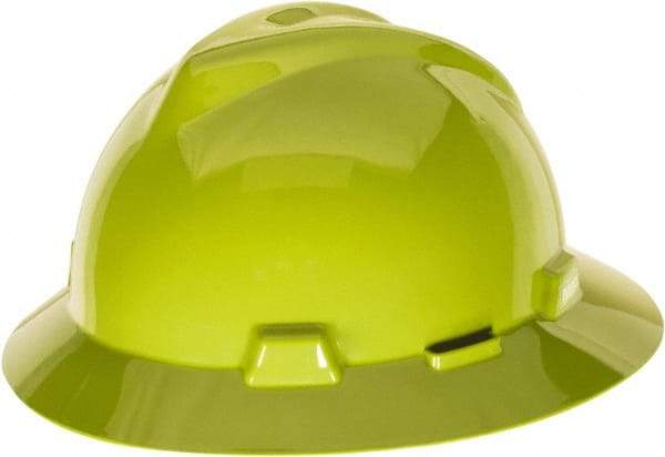 MSA - ANSI Type I, Class E Rated, Ratchet Adjustment Hard Hat - One Size Fits Most, Hi-Viz Yellow, Full Brim - Makers Industrial Supply