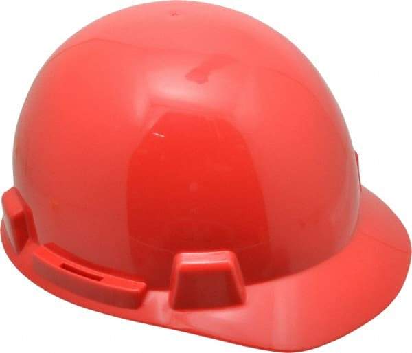 MSA - ANSI Type I, Class E Rated, 4-Point, Ratchet Adjustment Hard Hat - Red, Standard Brim - Makers Industrial Supply