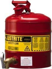 Justrite - 5 Gal Galvanized Steel Self-Closing, Self-Venting, Full-Length Flame Arrester with Bottom Faucet - 16-7/8" High x 11-3/4" Diam, Red with Yellow - Makers Industrial Supply