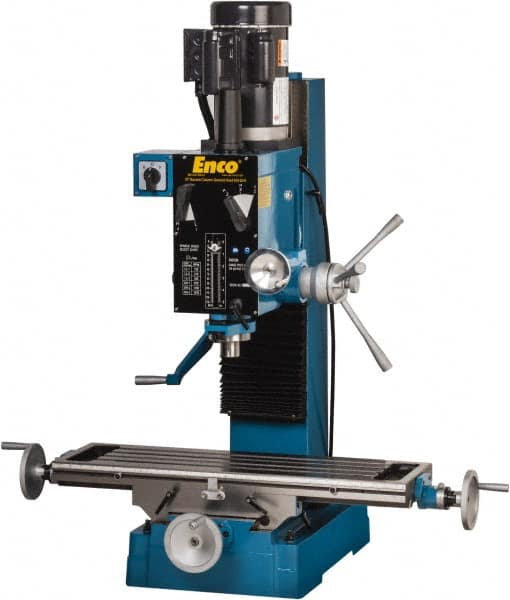 Enco - 1 Phase, Mill Drill Combination - 37-1/2" Table Length x 28" Table Width, 22" Longitudinal Travel, 8" Cross Travel, 6 Spindle Speeds, 2 hp, 220 Volts - Makers Industrial Supply