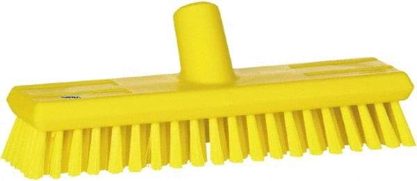 Vikan - 1.3" Bristle Length, Polyester Scrub Brush - 10-3/4" Long x 2-1/2" Wide Head, 11" OAL, European Threaded Handle, Yellow, Polypropylene Block - Makers Industrial Supply