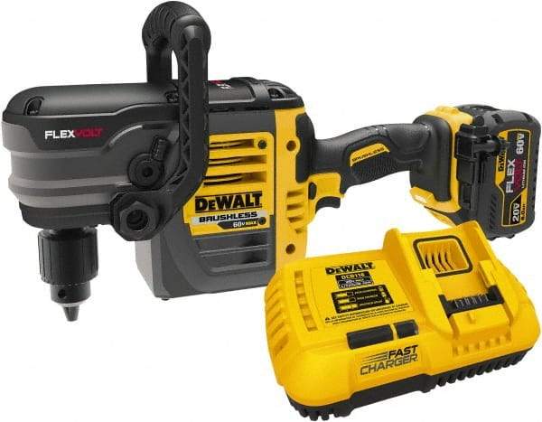 DeWALT - 60 Volt 1/2" Chuck Right Angle Handle Cordless Drill - 0-300 & 0-1200 RPM, Keyed Chuck, 1 Lithium-Ion Battery Included - Makers Industrial Supply