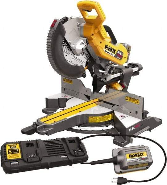 DeWALT - 15 Amp, 120 Volt, 3,800 RPM, 60° Right & 50° Left Double Bevel Sliding Miter Saw - 5/8 or 1" Arbor, 12" Blade Diam, Includes DHS790 Sliding Miter Saw, (2) DCB606 FLEXVOLT Batteries, DCA120 120V Adaptor & DCA132 Charger - Makers Industrial Supply