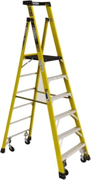 Werner - 5 Steps, 6'9" High, Type IAA Rating, Fiberglass Step Ladder - 375 Lb Capacity, 34-1/2" Base Width - Makers Industrial Supply