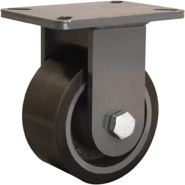 Hamilton - 6" Diam x 3" Wide x 8" OAH Top Plate Mount Rigid Caster - Polyurethane Mold onto Cast Iron Center, 2,860 Lb Capacity, Tapered Roller Bearing, 5-1/4 x 7-1/4" Plate - Makers Industrial Supply