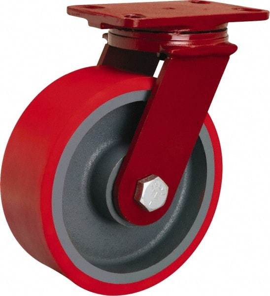 Hamilton - 8" Diam x 3" Wide x 10-1/8" OAH Top Plate Mount Swivel Caster - Polyurethane Mold onto Cast Iron Center, 2,200 Lb Capacity, Sealed Precision Ball Bearing, 4-1/2 x 6-1/2" Plate - Makers Industrial Supply