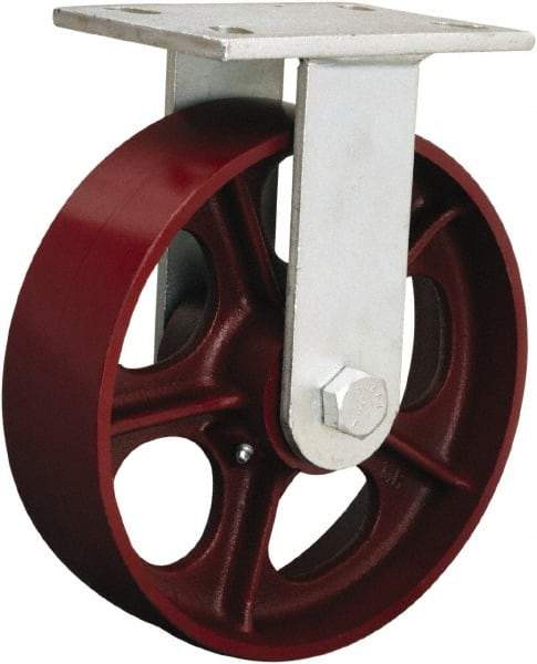 Hamilton - 8" Diam x 3" Wide x 10-1/2" OAH Top Plate Mount Rigid Caster - Polyurethane Mold onto Cast Iron Center, 3,000 Lb Capacity, Tapered Roller Bearing, 5-1/4 x 7-1/4" Plate - Makers Industrial Supply