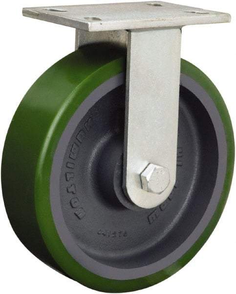 Hamilton - 8" Diam x 3" Wide x 10-1/2" OAH Top Plate Mount Rigid Caster - Polyurethane Mold onto Cast Iron Center, 2,000 Lb Capacity, Tapered Roller Bearing, 5-1/4 x 7-1/4" Plate - Makers Industrial Supply