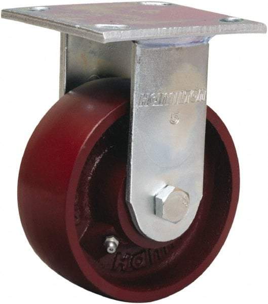 Hamilton - 5" Diam x 2" Wide x 6-1/2" OAH Top Plate Mount Rigid Caster - Cast Iron, 1,250 Lb Capacity, Precision Ball Bearing, 4 x 4-1/2" Plate - Makers Industrial Supply