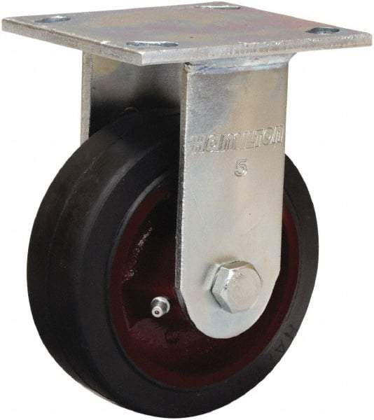 Hamilton - 5" Diam x 2" Wide x 6-1/2" OAH Top Plate Mount Rigid Caster - Rubber Mold on Cast Iron, 350 Lb Capacity, Straight Roller Bearing, 4 x 4-1/2" Plate - Makers Industrial Supply