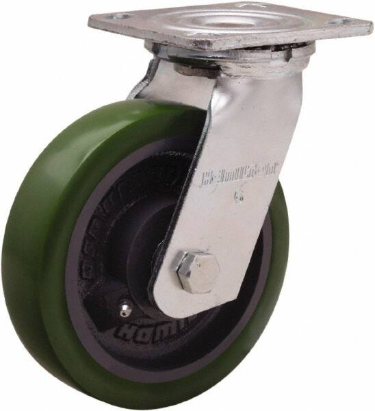 Hamilton - 6" Diam x 1-1/2" Wide x 7-1/2" OAH Top Plate Mount Swivel Caster - Polyurethane Mold onto Cast Iron Center, 550 Lb Capacity, Straight Roller Bearing, 4 x 4-1/2" Plate - Makers Industrial Supply