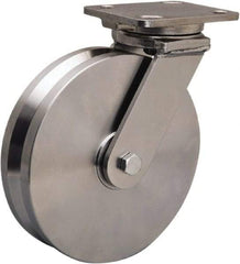 Hamilton - 8" Diam x 2" Wide, Stainless Steel Swivel Caster - 1,600 Lb Capacity, Top Plate Mount, 4" x 5" Plate, Delrin Bearing - Makers Industrial Supply