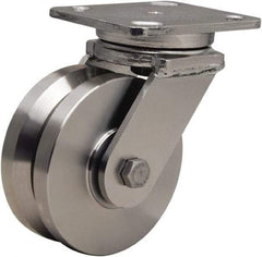 Hamilton - 5" Diam x 2" Wide, Stainless Steel Swivel Caster - 950 Lb Capacity, Top Plate Mount, 4" x 5" Plate, Delrin Bearing - Makers Industrial Supply