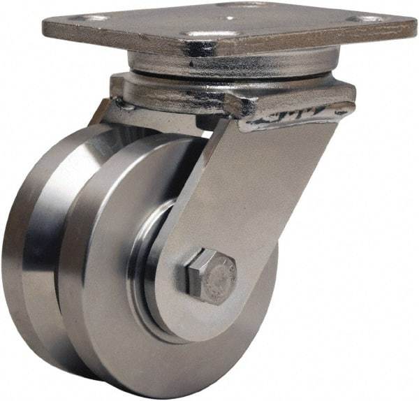 Hamilton - 4" Diam x 2" Wide, Stainless Steel Swivel Caster - 850 Lb Capacity, Top Plate Mount, 4" x 5" Plate, Delrin Bearing - Makers Industrial Supply