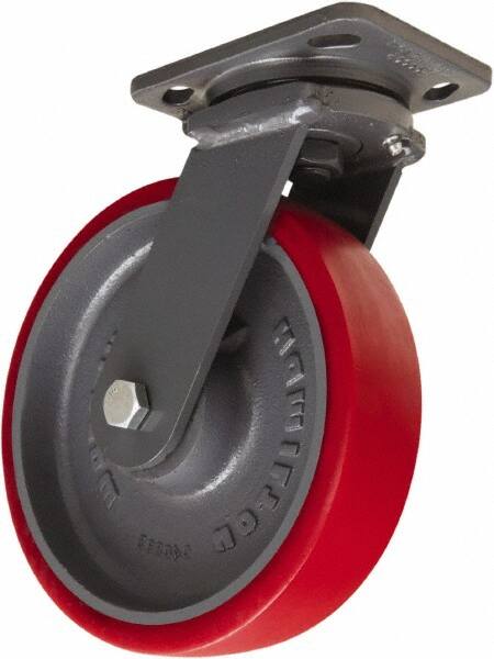 Hamilton - 8" Diam x 2" Wide x 9-1/2" OAH Top Plate Mount Swivel Caster - Polyurethane Mold onto Cast Iron Center, 1,800 Lb Capacity, Sealed Precision Ball Bearing, 4 x 5" Plate - Makers Industrial Supply