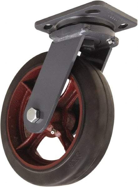 Hamilton - 8" Diam x 2" Wide x 9-1/2" OAH Top Plate Mount Swivel Caster - Rubber Mold on Cast Iron, 500 Lb Capacity, Straight Roller Bearing, 4 x 5" Plate - Makers Industrial Supply