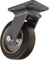 Hamilton - 6" Diam x 2" Wide x 7-1/2" OAH Top Plate Mount Swivel Caster - Rubber Mold on Cast Iron, 410 Lb Capacity, Tapered Roller Bearing, 4 x 5" Plate - Makers Industrial Supply