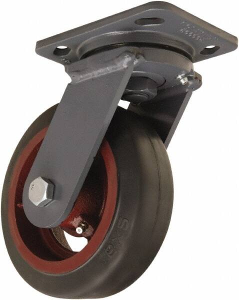 Hamilton - 6" Diam x 2" Wide x 7-1/2" OAH Top Plate Mount Swivel Caster - Rubber Mold on Cast Iron, 410 Lb Capacity, Straight Roller Bearing, 4 x 5" Plate - Makers Industrial Supply