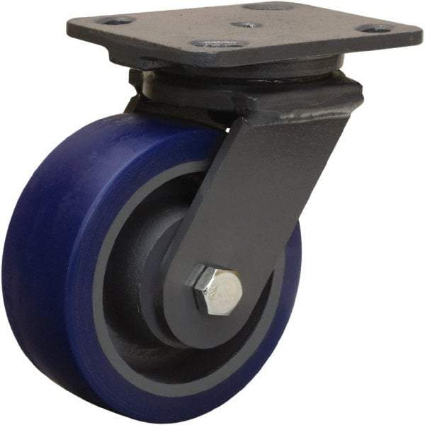 Hamilton - 5" Diam x 2" Wide x 6-1/2" OAH Top Plate Mount Swivel Caster - Polyurethane Mold onto Cast Iron Center, 840 Lb Capacity, Tapered Roller Bearing, 4 x 5" Plate - Makers Industrial Supply