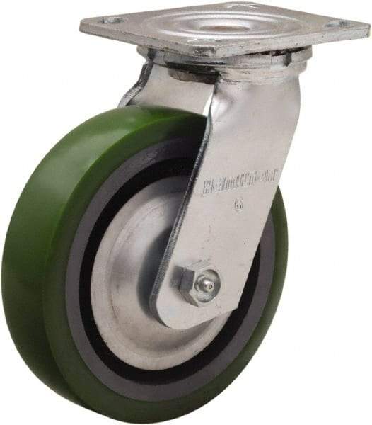 Hamilton - 6" Diam x 1-1/2" Wide x 7-1/2" OAH Top Plate Mount Swivel Caster - Polyurethane Mold onto Cast Iron Center, 850 Lb Capacity, Straight Roller Bearing, 4 x 4-1/2" Plate - Makers Industrial Supply