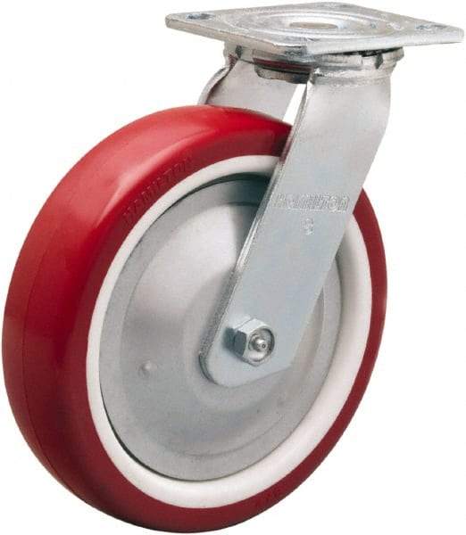 Hamilton - 8" Diam x 2" Wide x 9-1/2" OAH Top Plate Mount Swivel Caster - Polyurethane Mold on Polypropylene, 900 Lb Capacity, Straight Roller Bearing, 4 x 4-1/2" Plate - Makers Industrial Supply