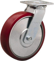 Hamilton - 8" Diam x 2" Wide x 9-1/2" OAH Top Plate Mount Swivel Caster - Polyurethane on Aluminum, 900 Lb Capacity, Straight Roller Bearing, 4 x 4-1/2" Plate - Makers Industrial Supply