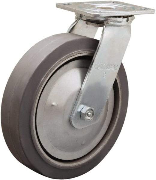 Hamilton - 8" Diam x 2" Wide x 9-1/2" OAH Top Plate Mount Swivel Caster - Rubber Mold on Aluminum, 500 Lb Capacity, Straight Roller Bearing, 4 x 4-1/2" Plate - Makers Industrial Supply